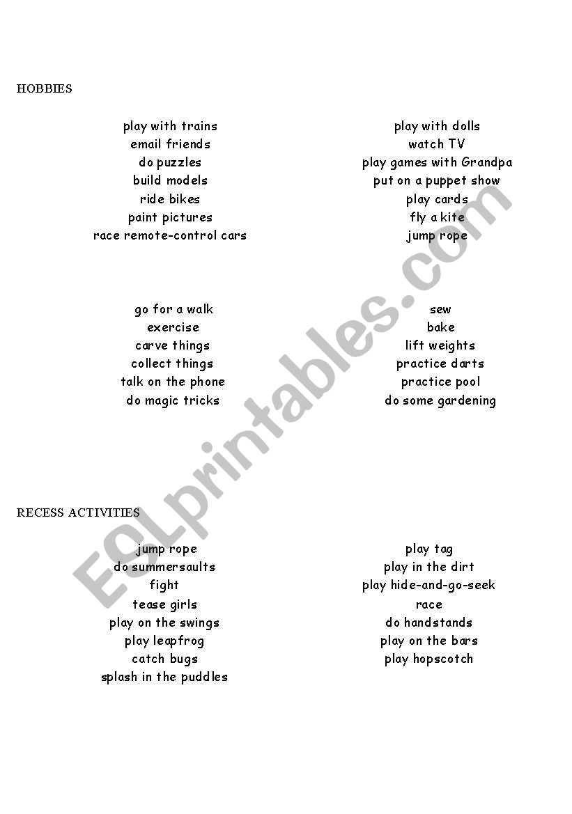 HOBBIES AND RECESS ACTIVITIES worksheet