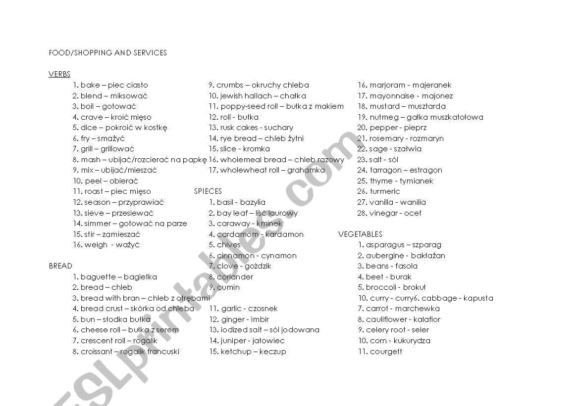 Food & Shooping worksheet