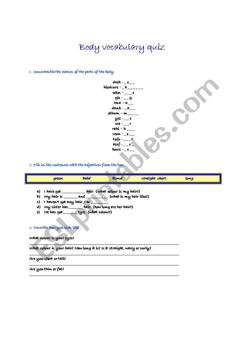 body vocabulary quiz worksheet