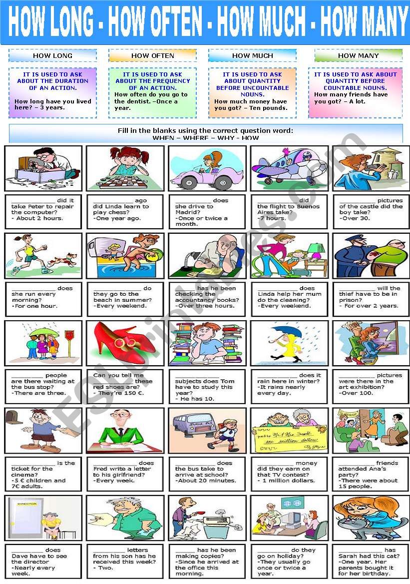 HOW LONG HOW OFTEN HOW MUCH HOW MANY ESL Worksheet By Katiana