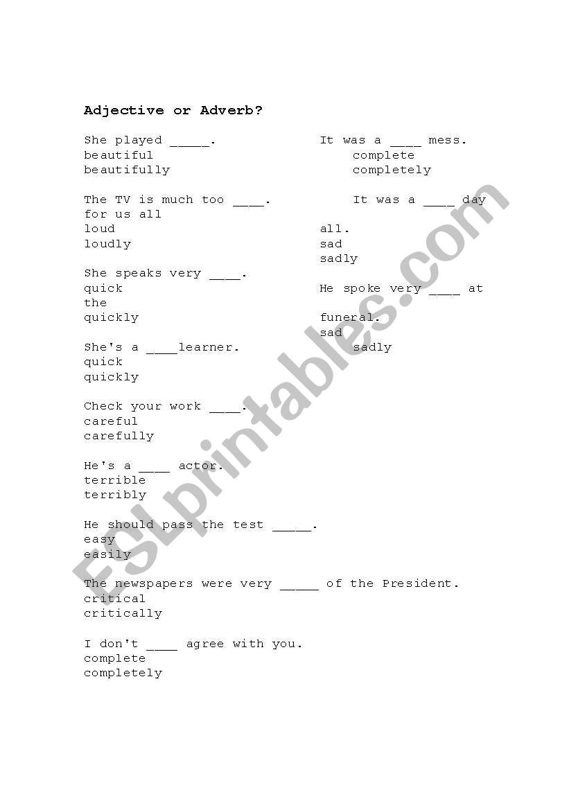 Adj. vs Adv. worksheet