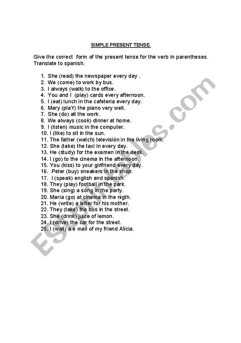 exercise the present tense worksheet