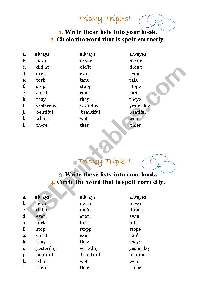 English Worksheets Circle The Correct Spelling