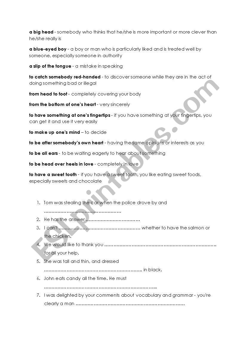 idioms with body parts worksheet