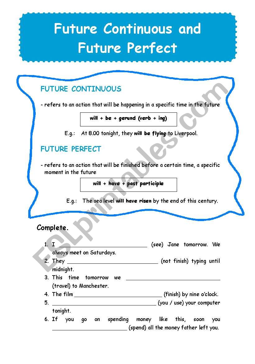 English Worksheets Future Continuous Vs Future Perfect