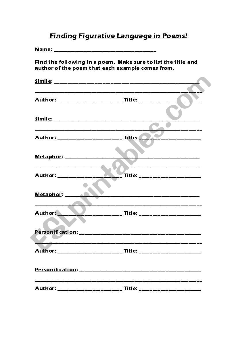 Figurative Language in Poems worksheet