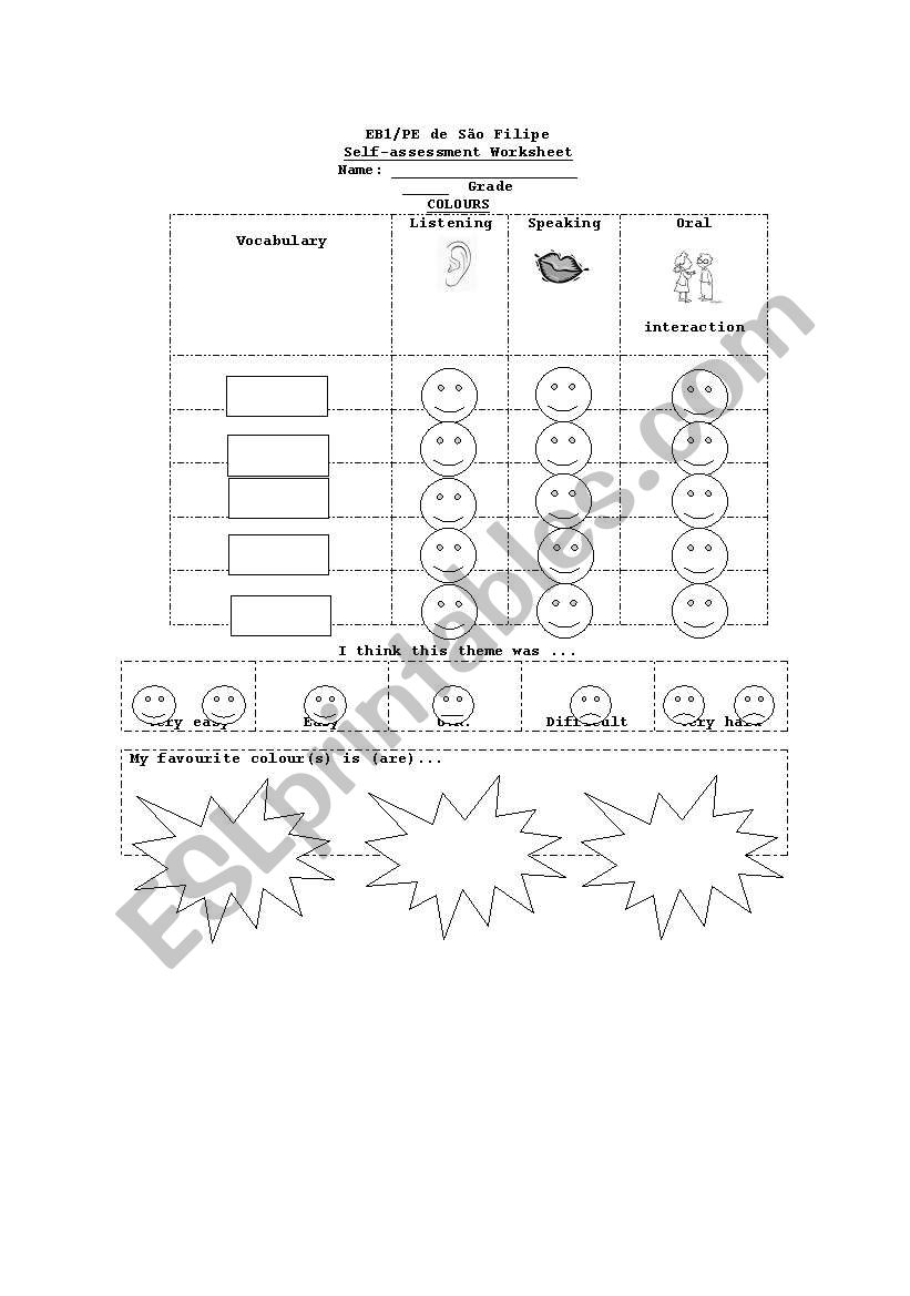 self assessment colours worksheet