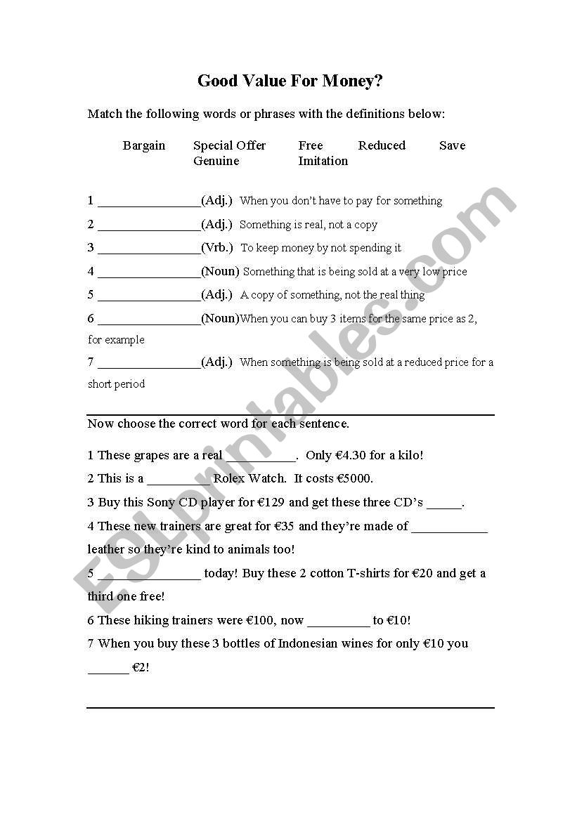 Good Value For Money worksheet