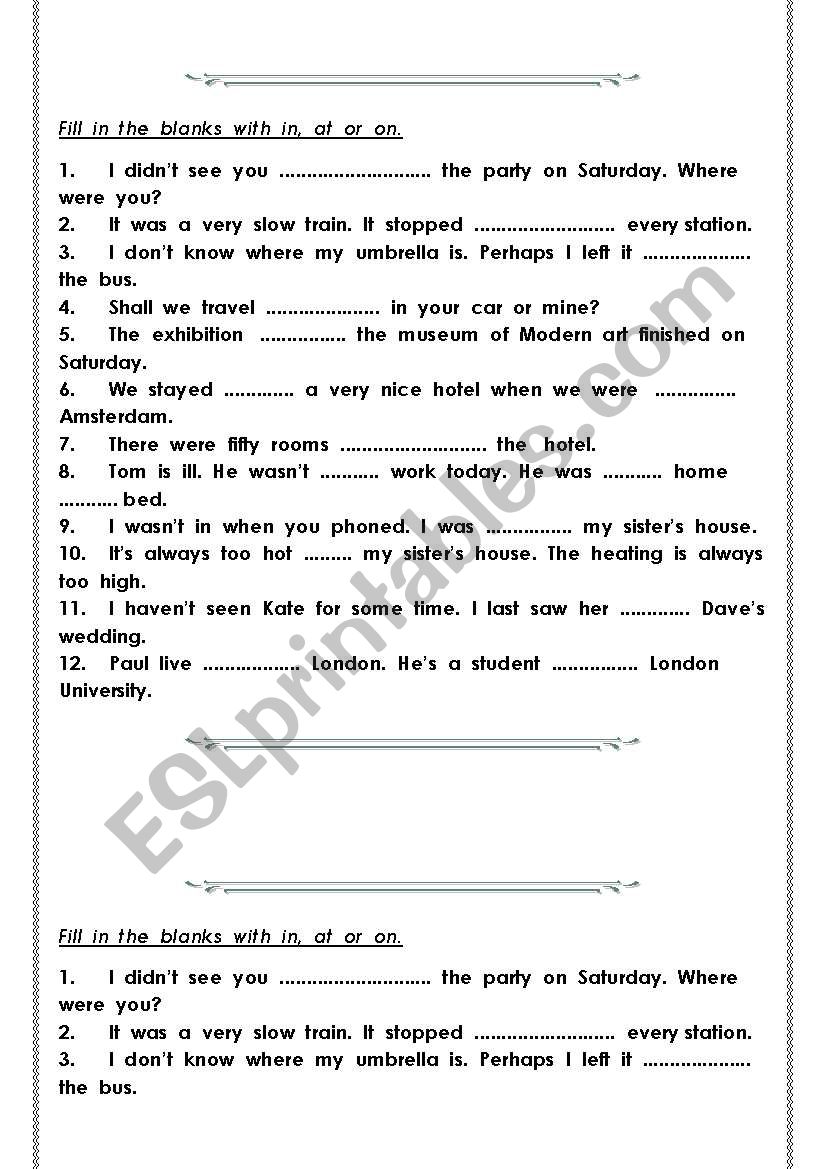 Exercise  on  preposition worksheet