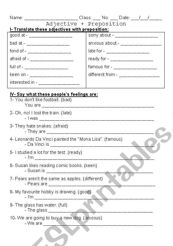 adjective + preposition worksheet