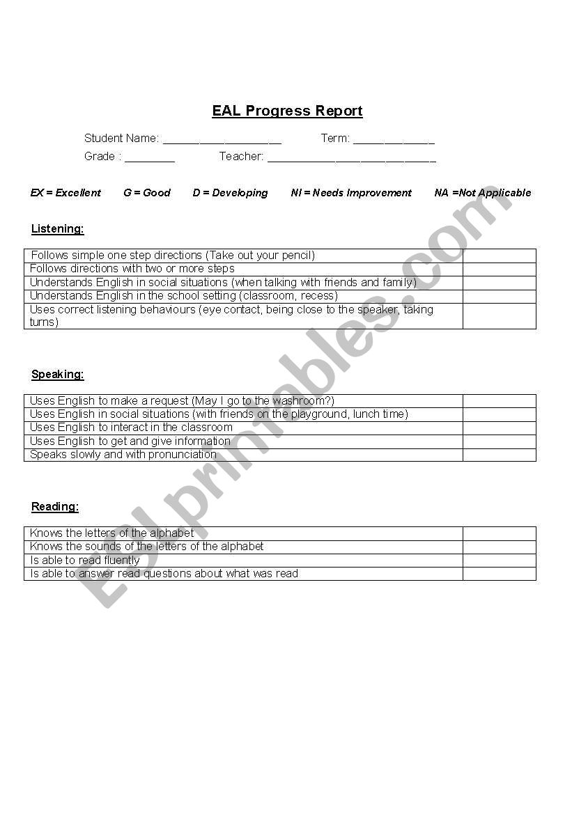 ESL Progress Report - Elementary