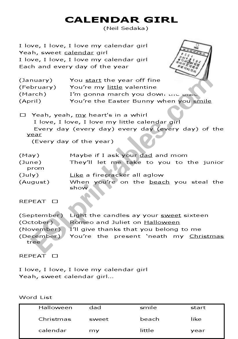 Calendar Girl worksheet