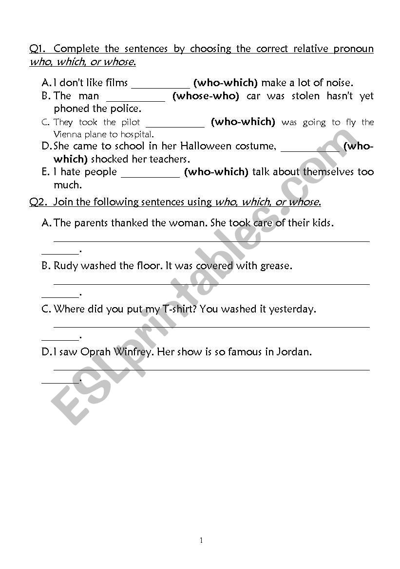 Relative Pronouns worksheet