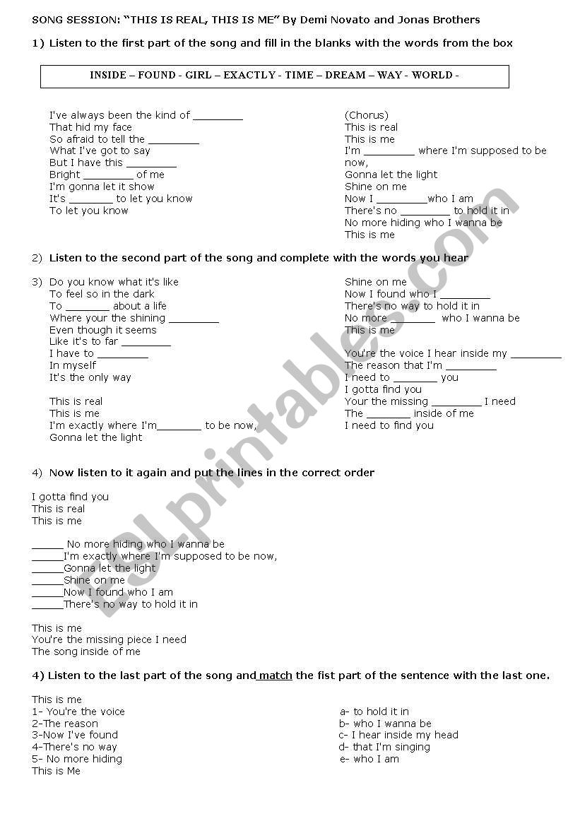 English worksheets: SONG: This is me, this is real