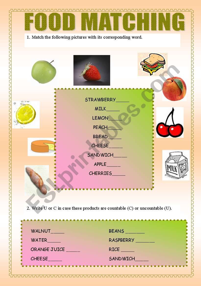 food matching  worksheet