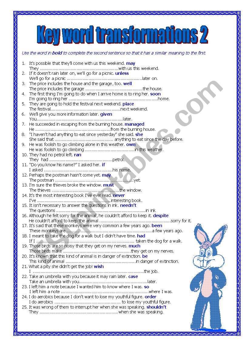 KEY WORD TRANSFORMATIONS 2 ESL Worksheet By Curk