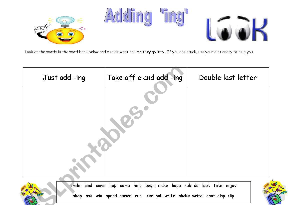 Suffixes: Adding ing  worksheet