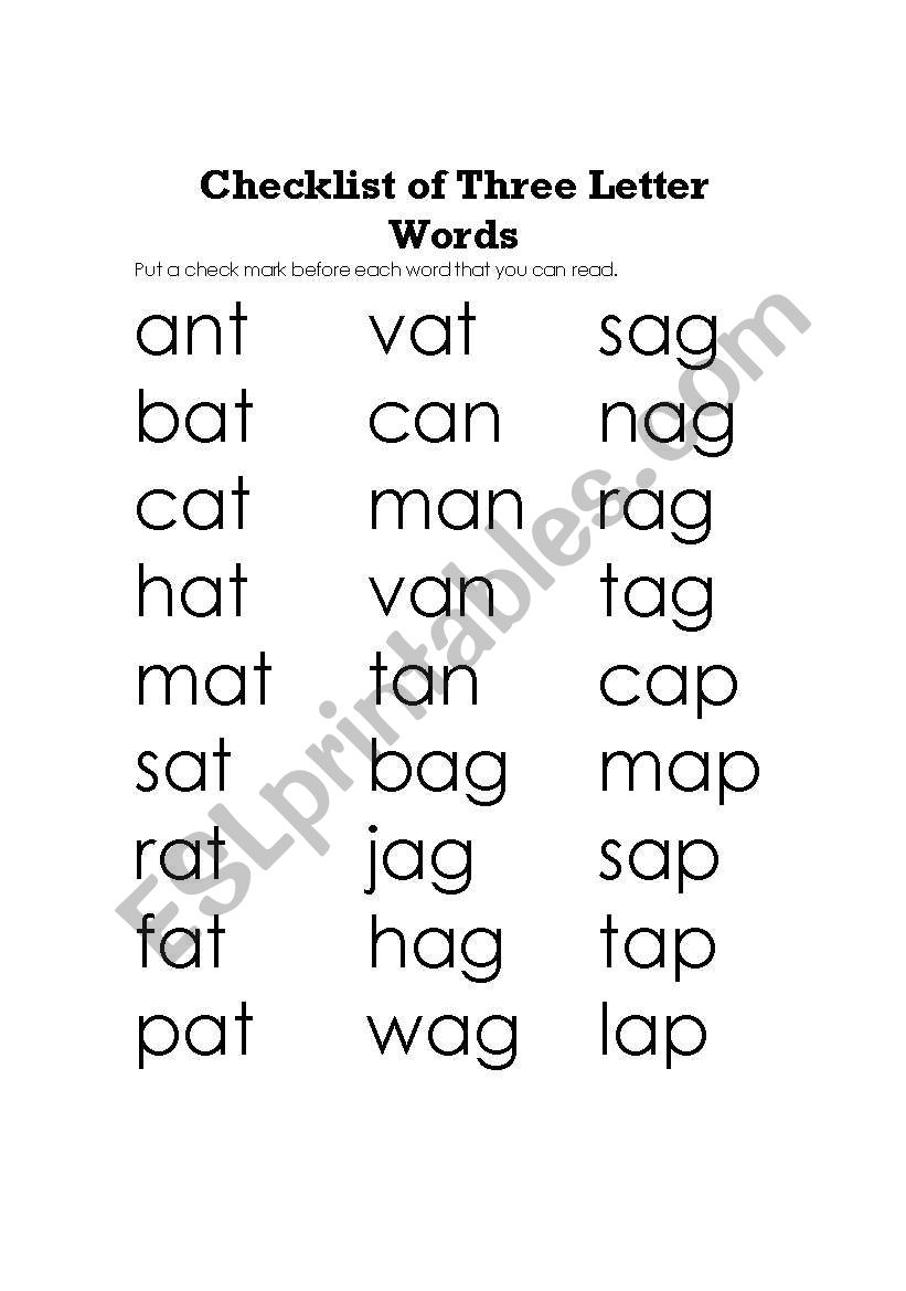 English Worksheets Check List Of Three Letter Words