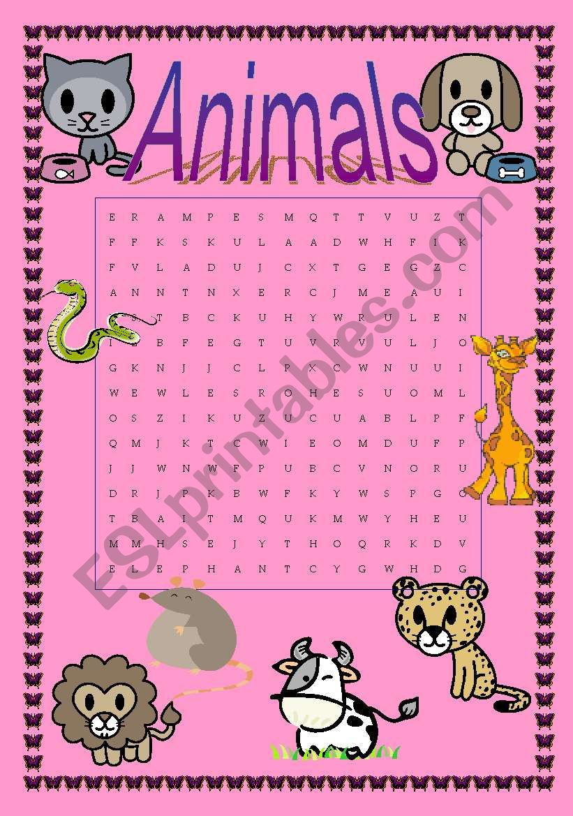 Animals Word Search ESL Worksheet By Kordullaaa