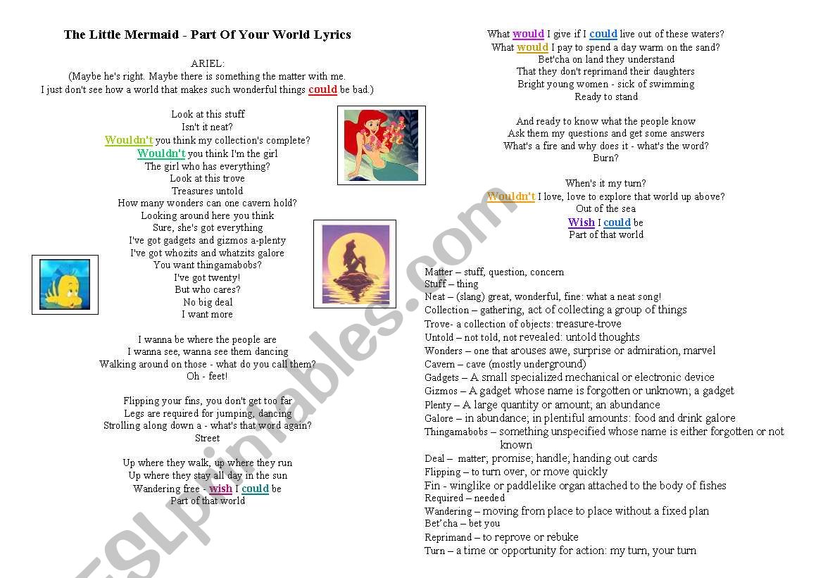 English Worksheets Disney S Little Mermaid Part Of Your World Lyrics