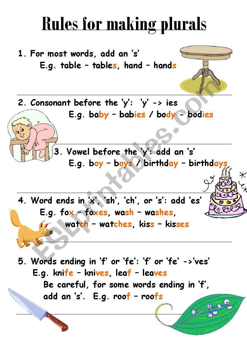 Rules For Making Plurals ESL Worksheet By Doreenmchale