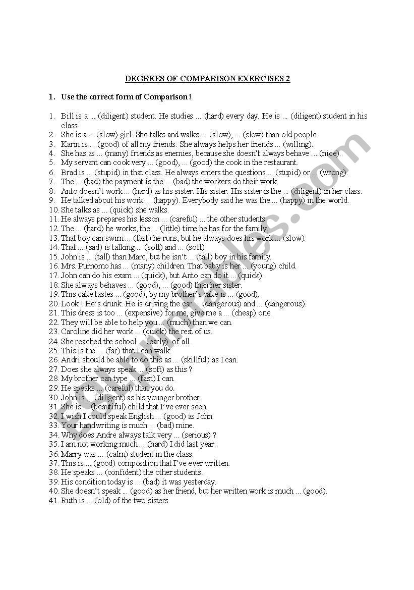  DEGREES OF COMPARISON EXERCISES ESL Worksheet By Liani