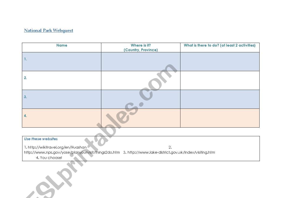 National Park Webquest worksheet