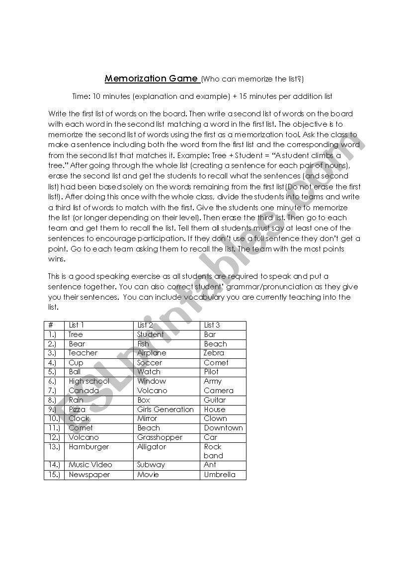 Memorization Game worksheet