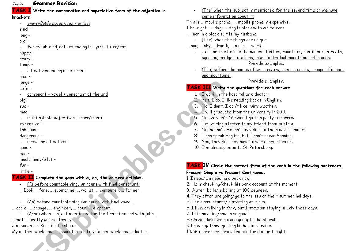 grammar revision on elementary level