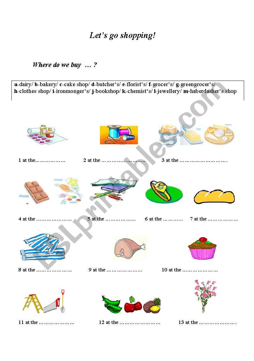 shopping worksheet