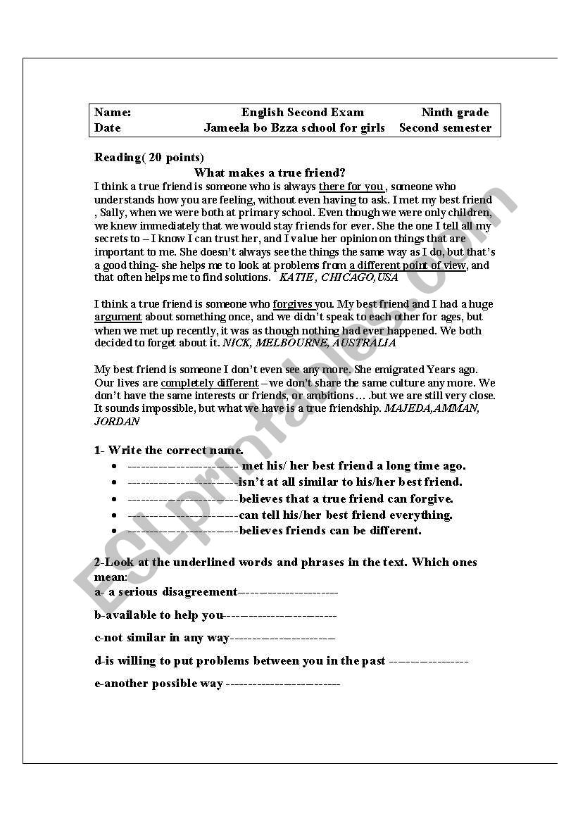 ninth grade exam  worksheet