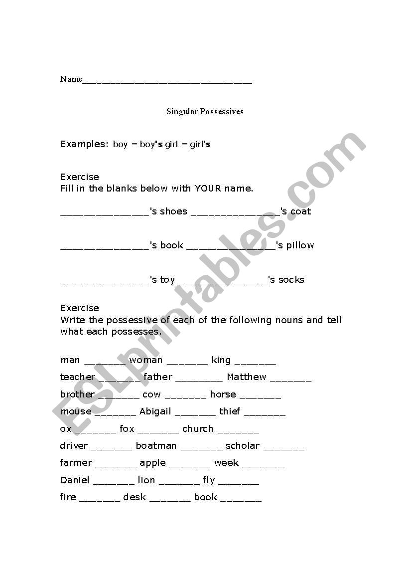 Singular Possessives worksheet