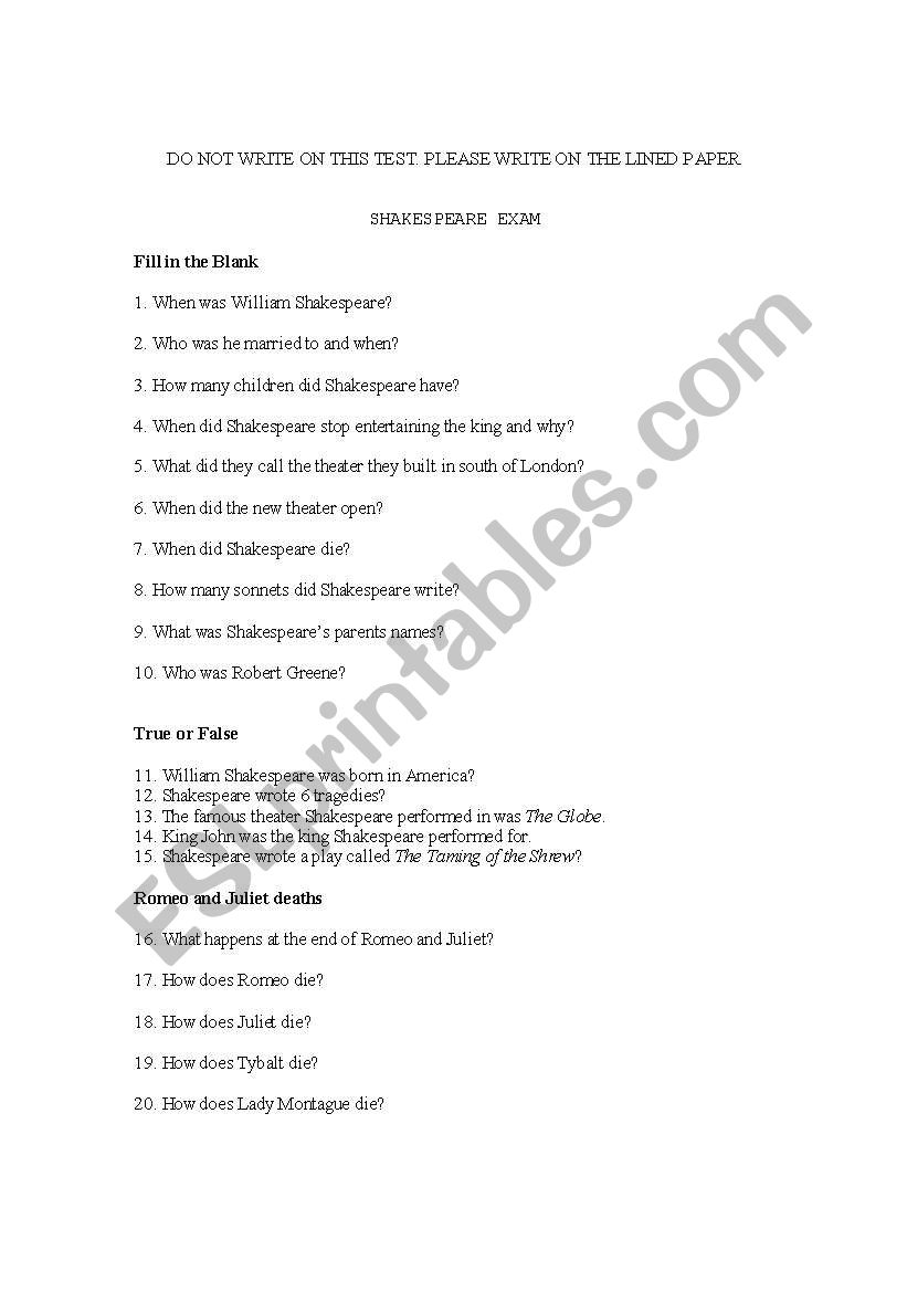 Shakespeare Test worksheet