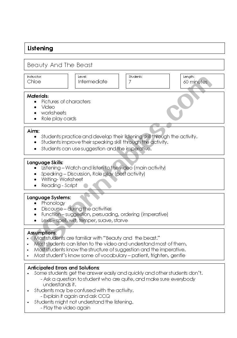 listening lesson plan worksheet