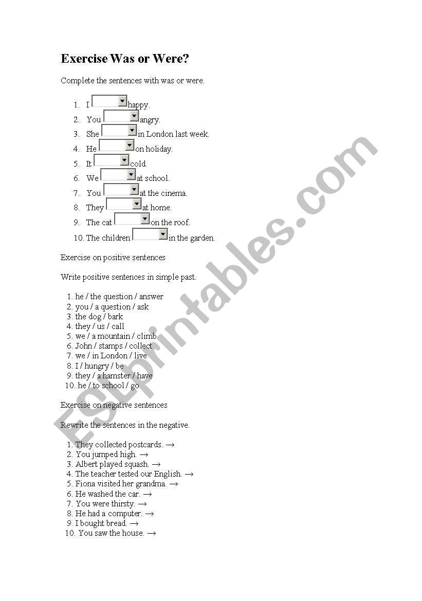 WAS OR WERE? worksheet