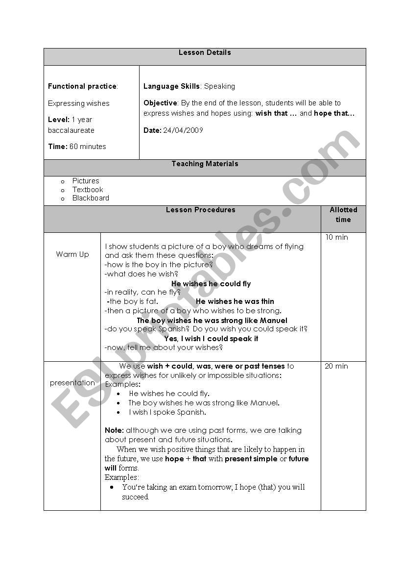 wishes worksheet