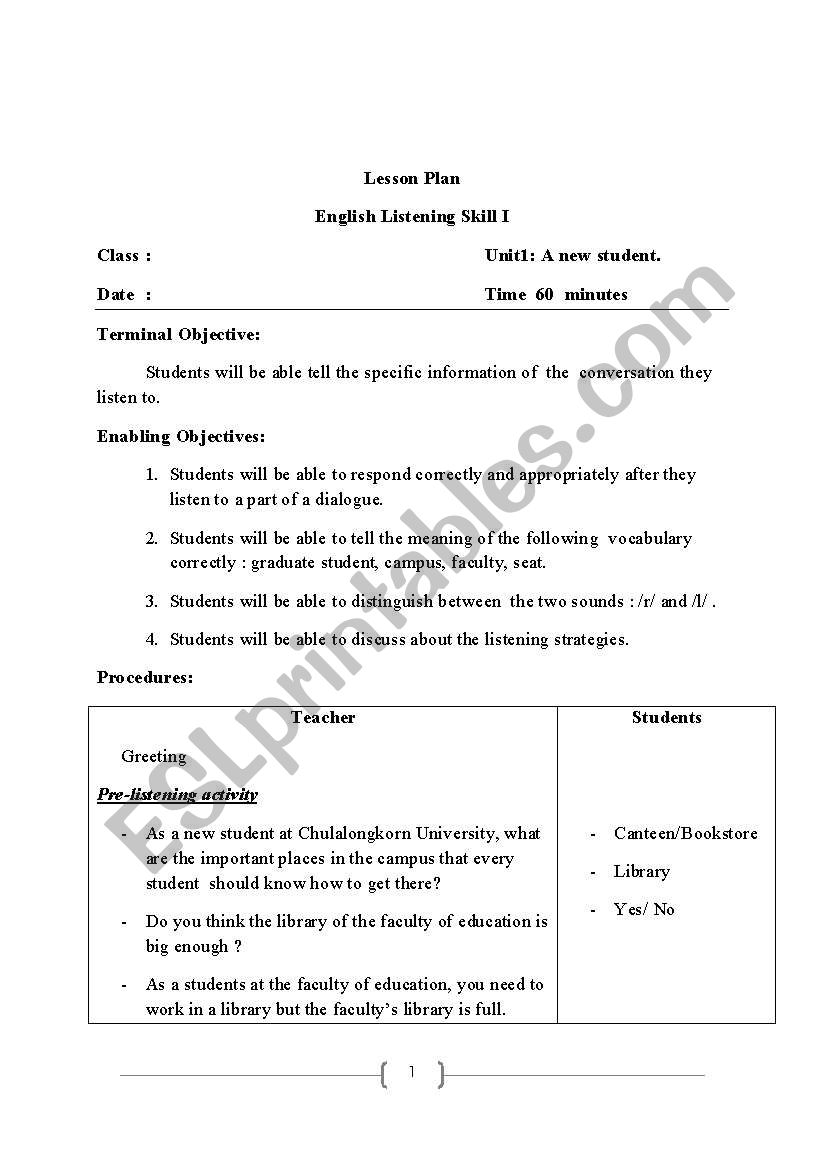 A new student worksheet