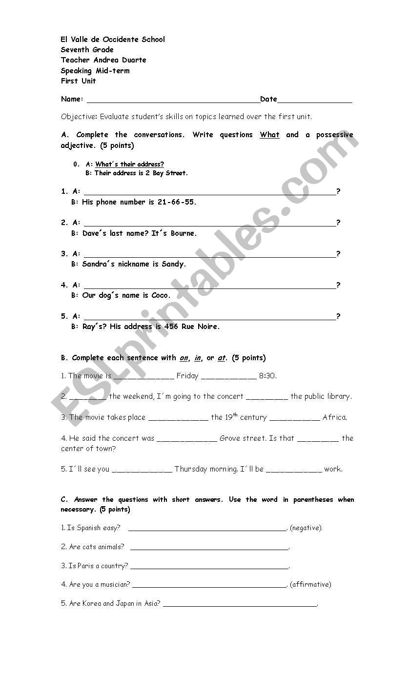 Speaking Test worksheet