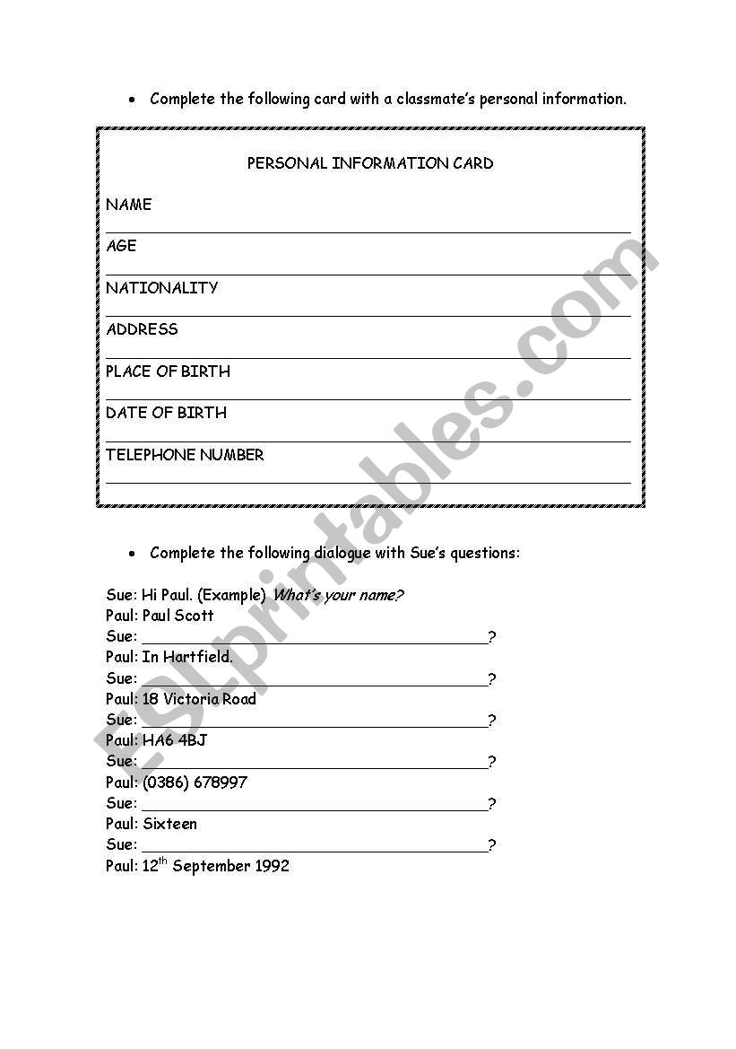 Personal information worksheet