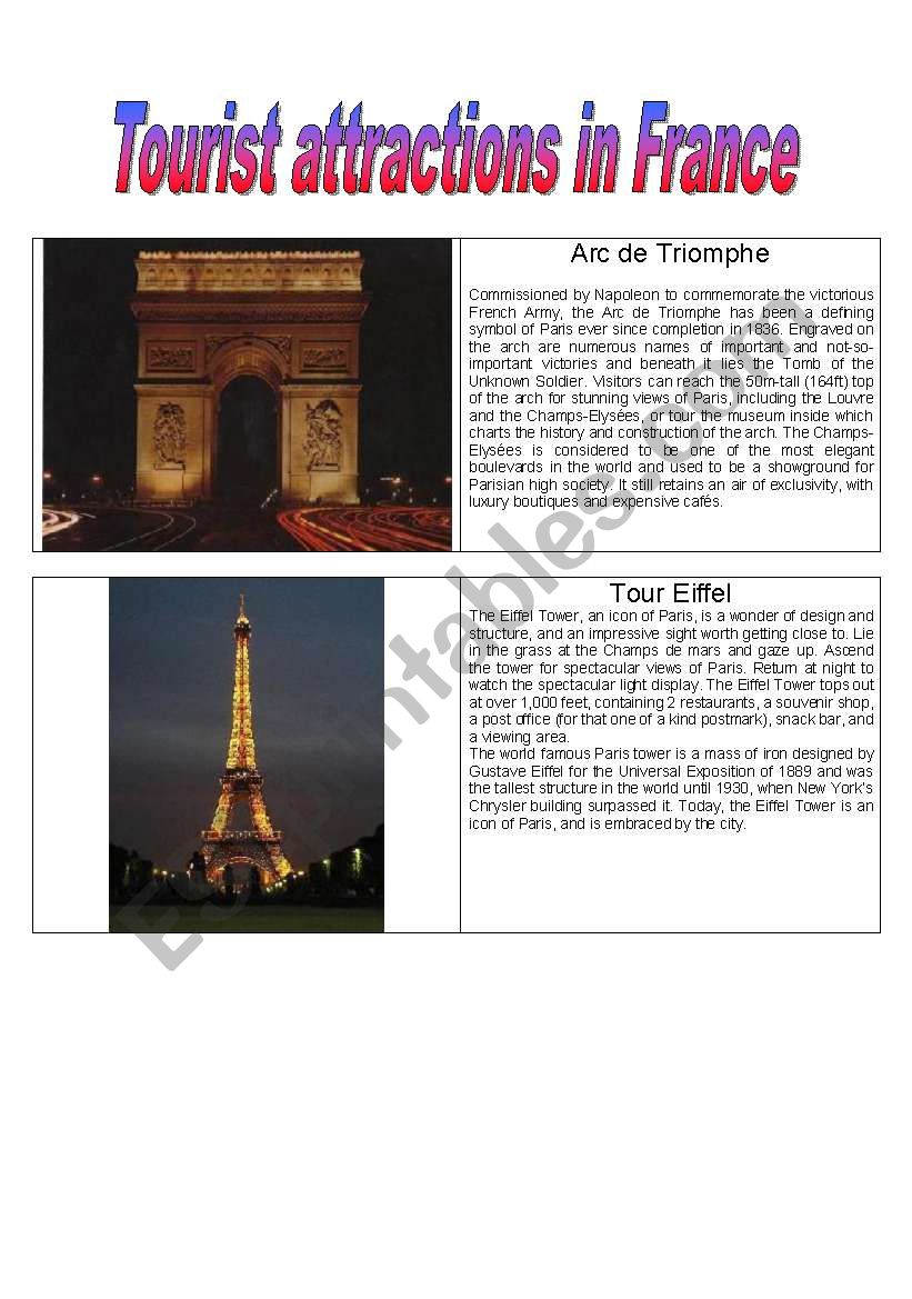 Tourist Attractions in France worksheet