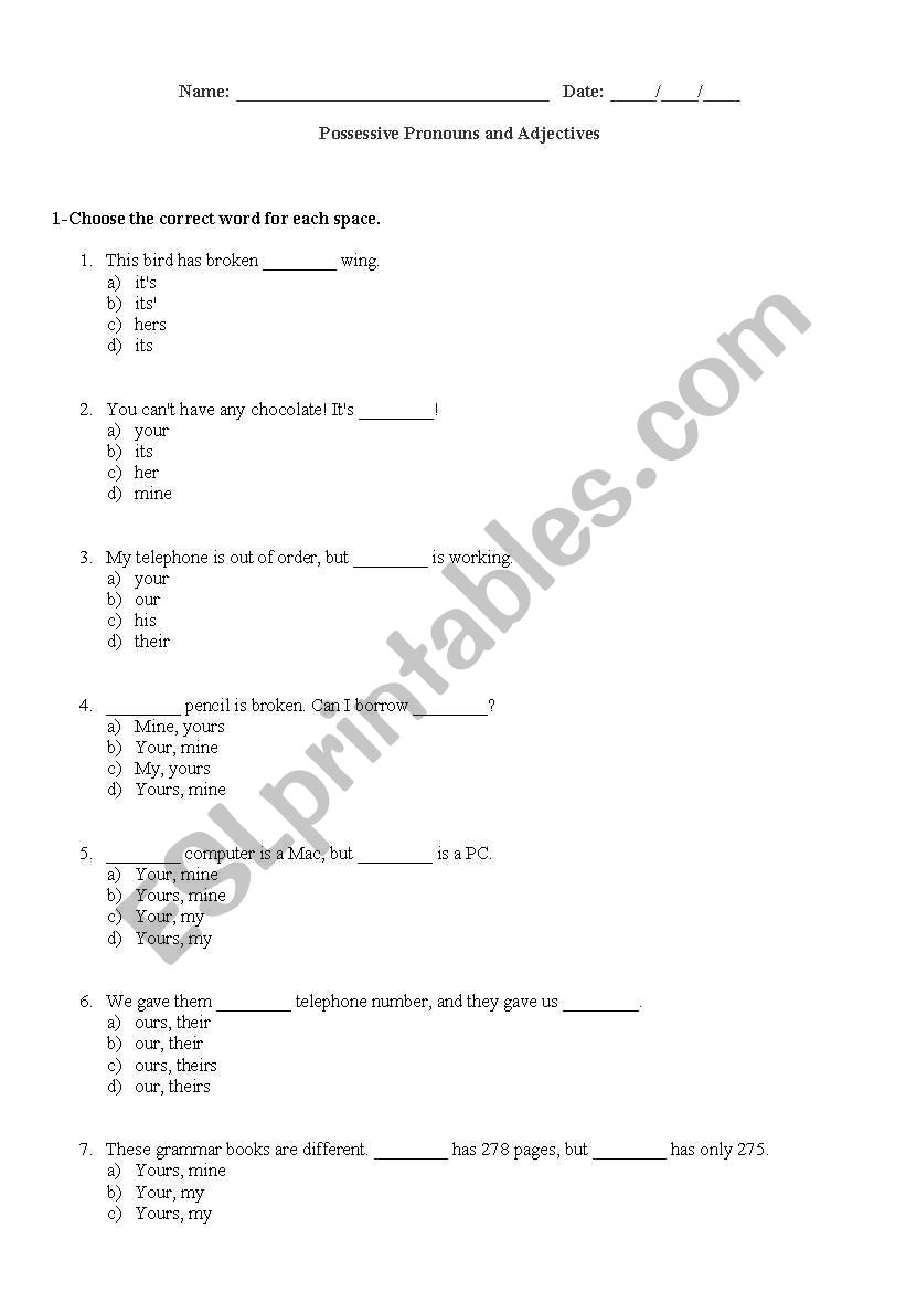 possessives worksheet