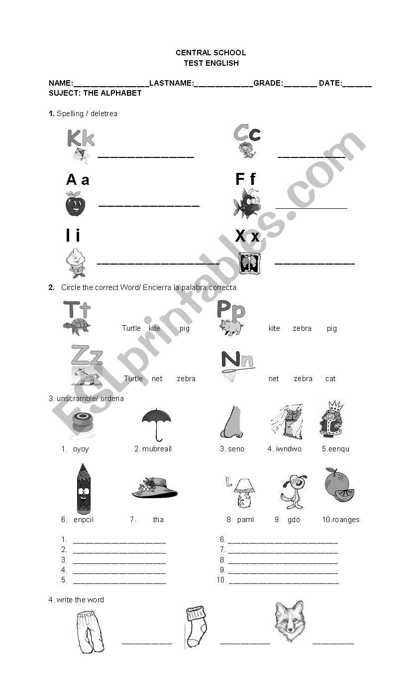 English Worksheets Quiz Alphabet