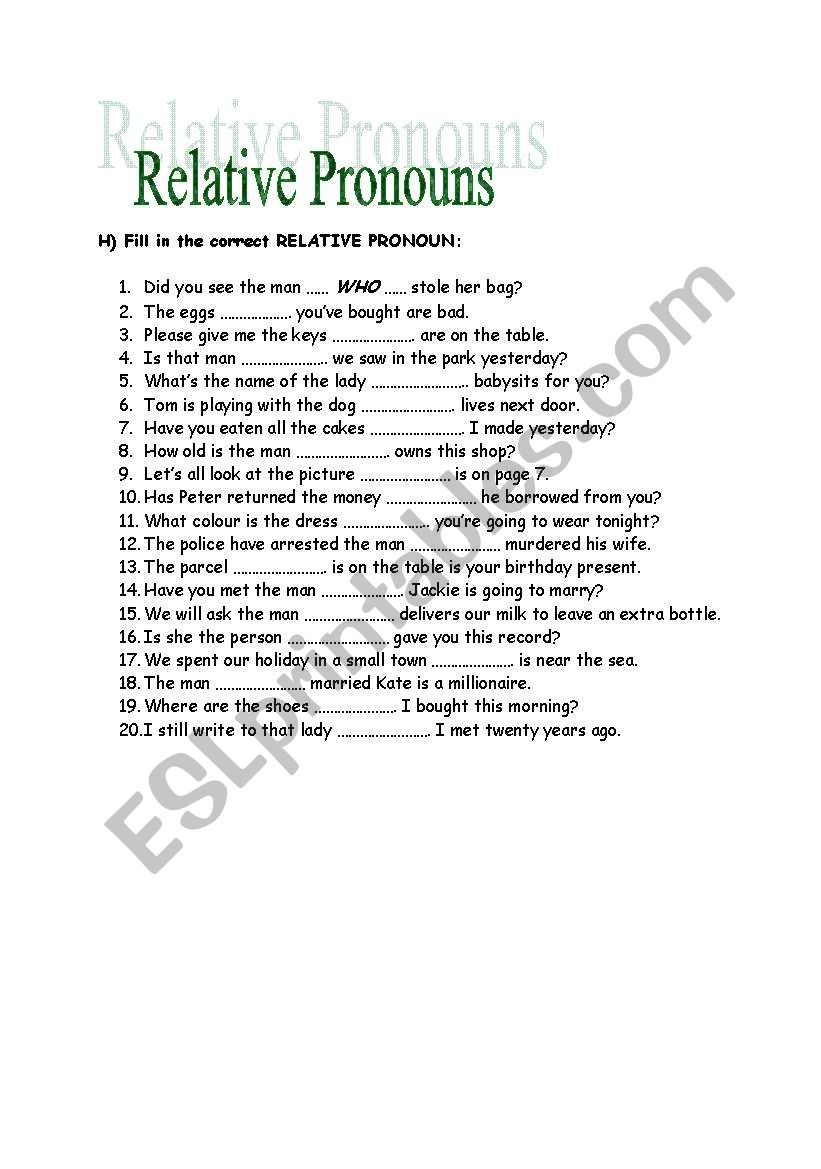 Relative Pronouns worksheet