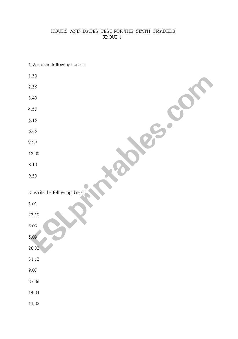 Hours and dates worksheet