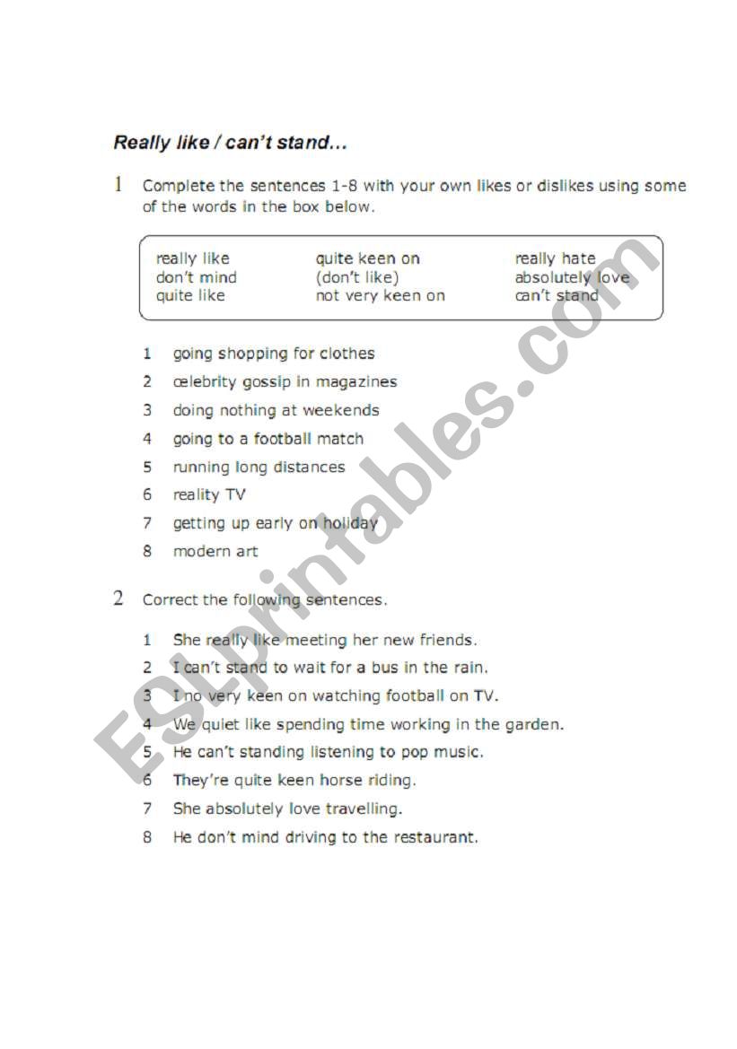 really like/ cant stand worksheet