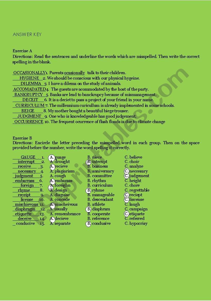 SPELLING DEMONS(25 OF THE COMMONLY MISSPELLED WORDS) - ESL With Commonly Misspelled Words Worksheet