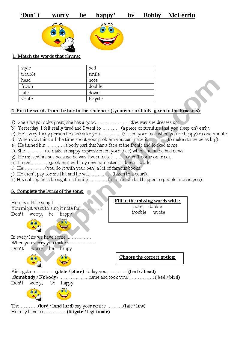 Don´t worry be happy by Bobby McFerrin - ESL worksheet by klementynka