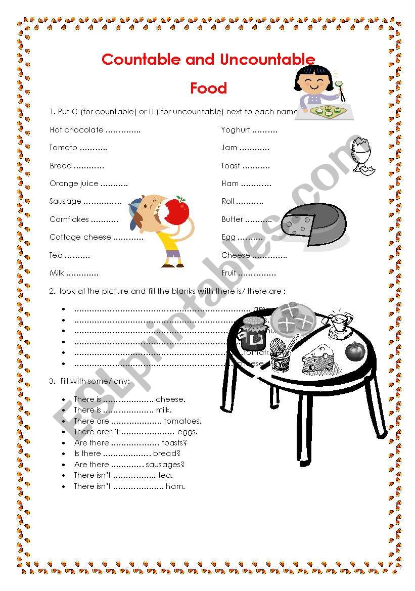 countable uncountable food worksheet