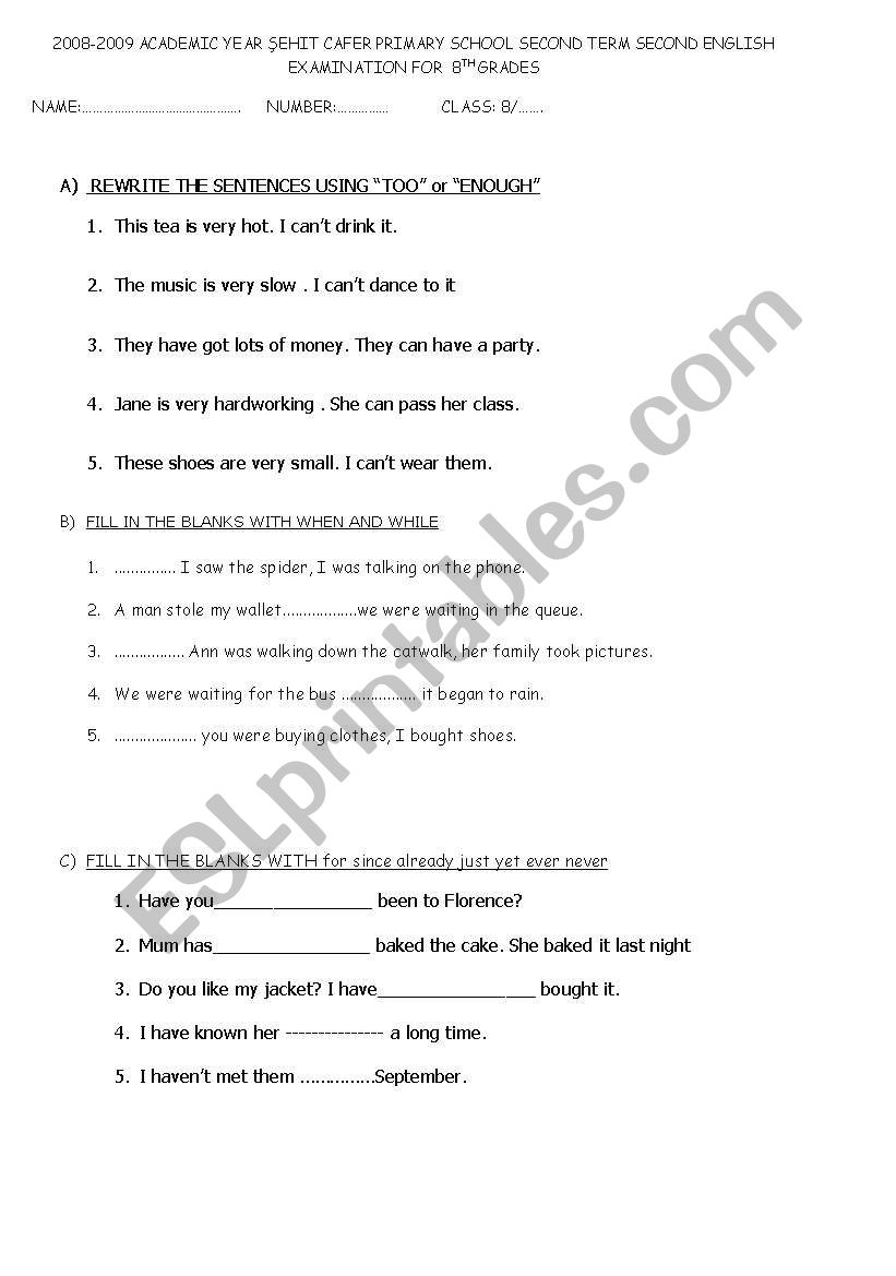8th grade exam, for  since worksheet