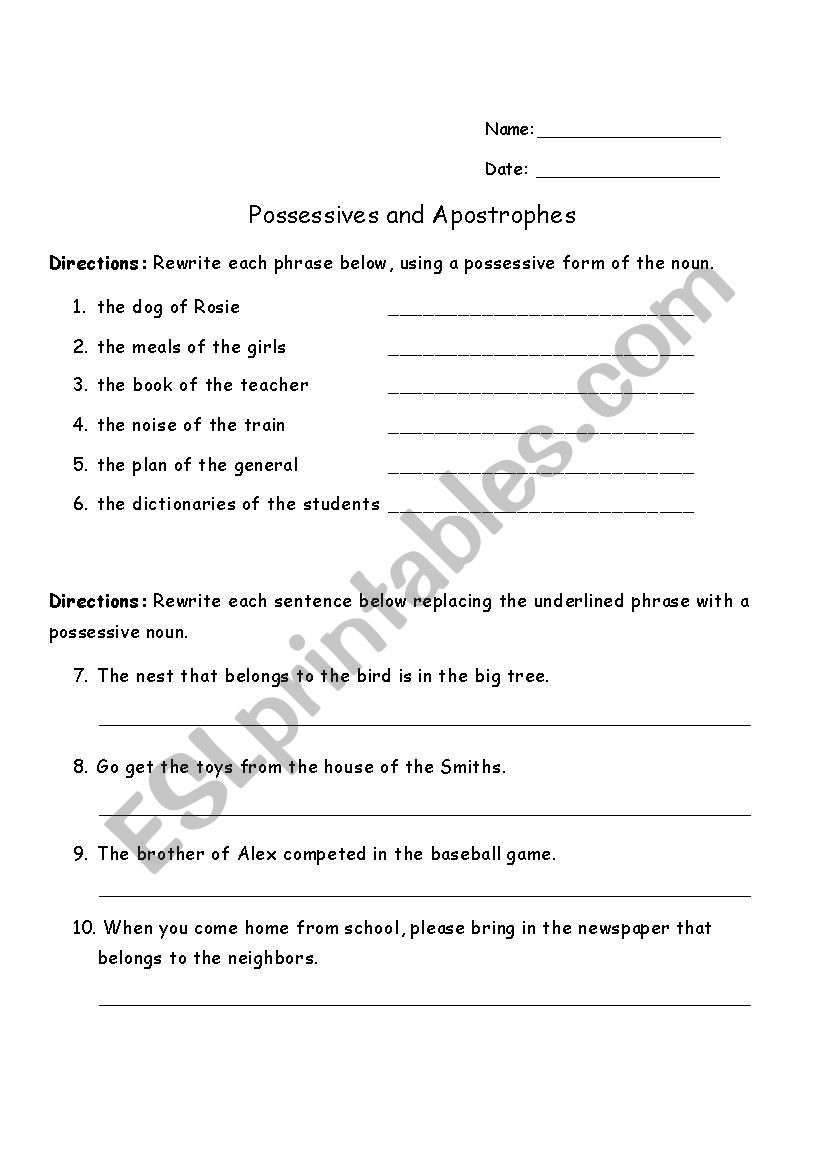 Possessives and Apostrophies worksheet